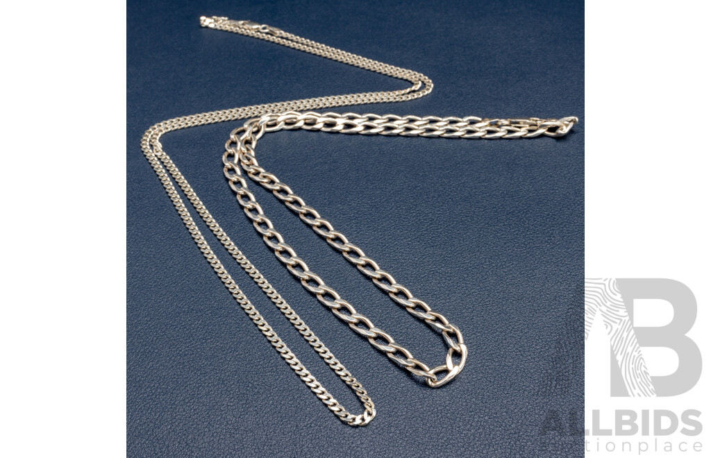 Sterling Silver Flat Curb Link Necklace, 70cm & Sterling Silver Curb Link Necklace, 50cm, 35.15 Grams