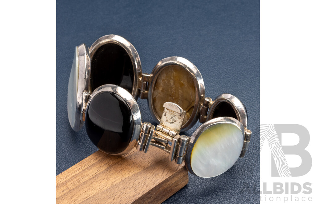 Sterling Silver Onyx & Mother of Pearl Statement Bracelet, 21cm, 114.0 Grams