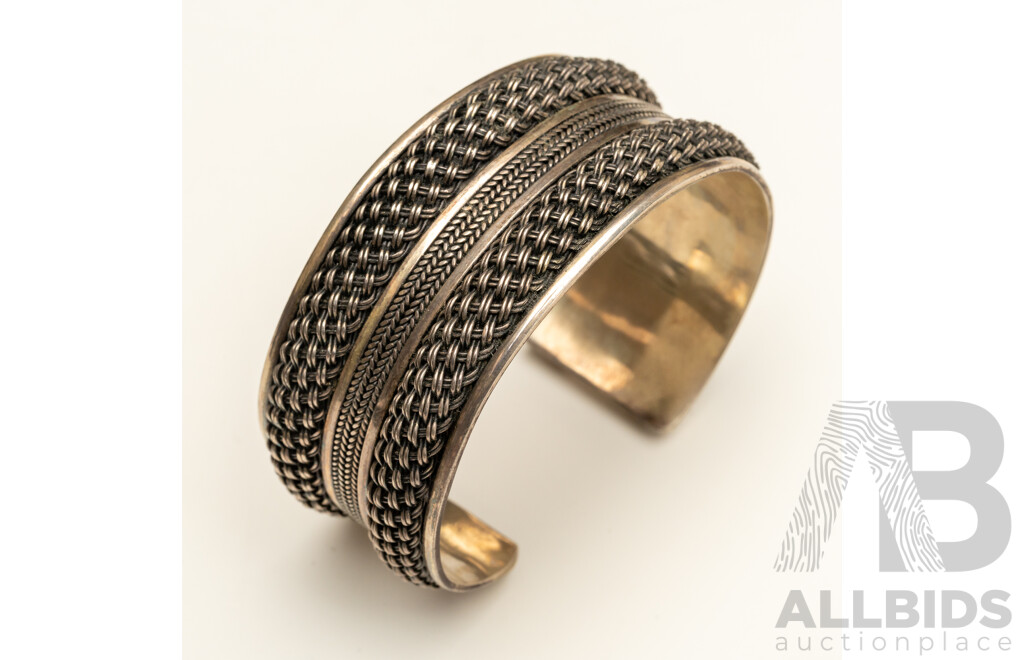 Vintage Sterling Silver Patterned Mesh Open Cuff Bangle, 60mm, 42.87 Grams