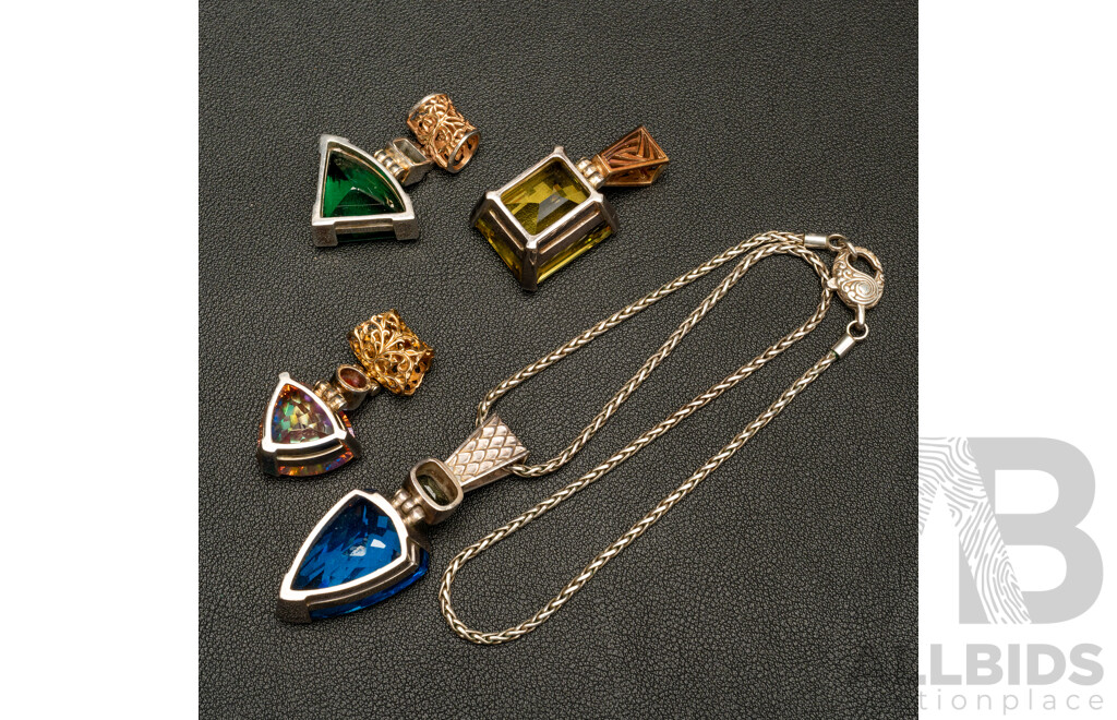 Ornate Designed (4) Silver Coloured Glass Paste Stone Pendants with Silver Rope Link Necklace, 45cm, 108.75 Grams