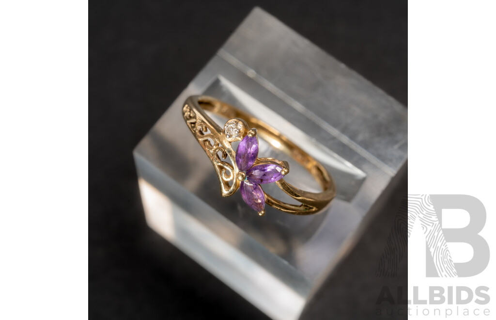 9ct Amethyst & Diamond Cluster Ring, Size N, 1.35 Grams