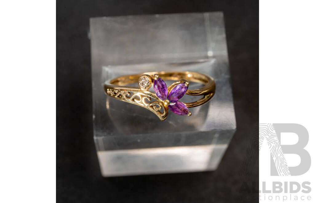 9ct Amethyst & Diamond Cluster Ring, Size N, 1.35 Grams