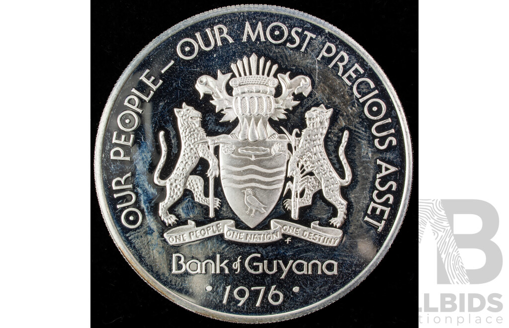 Guyana 1976 Silver Proof Ten Dollar Coin, Collective Responsibility, Cuffy .925