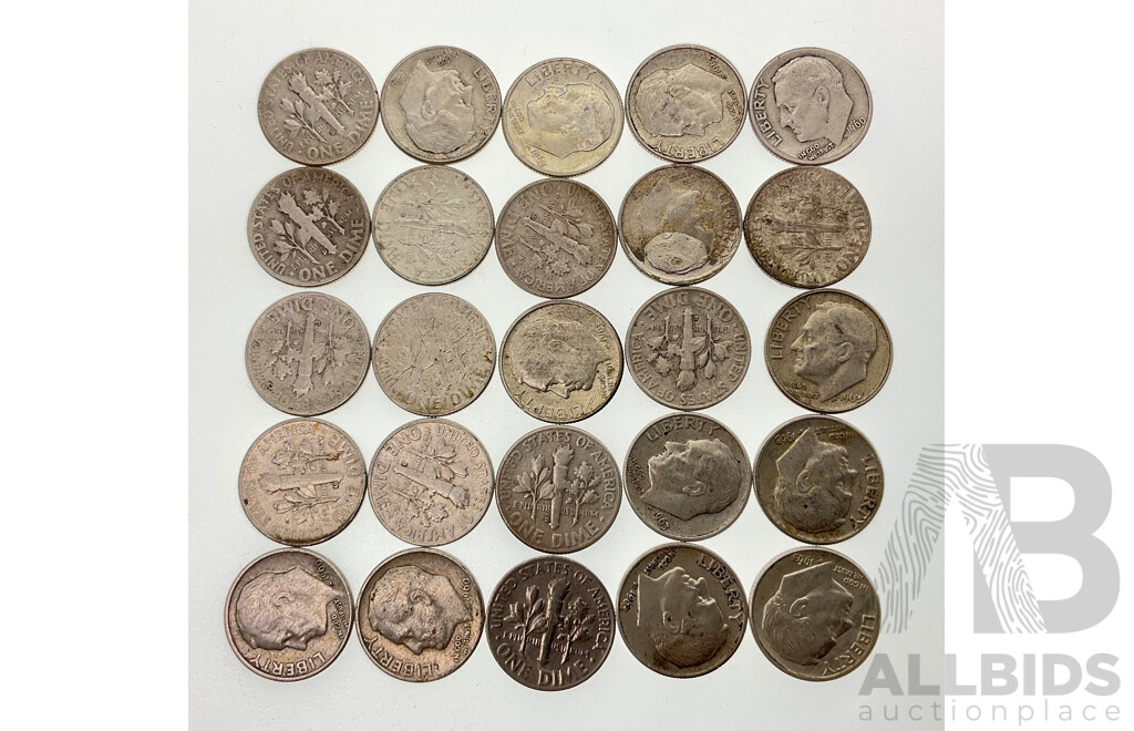 Twenty Five USA 1960's Silver Roosevelt Dimes, Phildelphia and Denver Mints .900