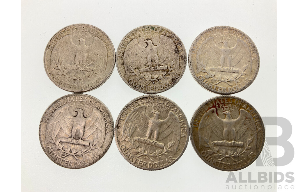 Six USA 1942 Silver Quarter Dollars, San Fransisco and Philadelphia Mint .900