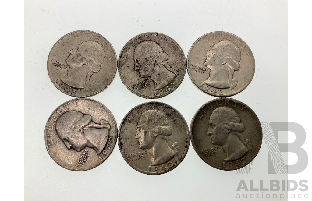 Six USA 1942 Silver Quarter Dollars, San Fransisco and Philadelphia Mint .900