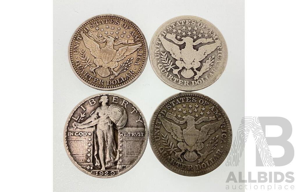 Four USA Silver Quarter Dollars, 1911, 1915(2) 1929 Philadelphia Mint .900