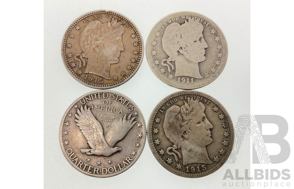 Four USA Silver Quarter Dollars, 1911, 1915(2) 1929 Philadelphia Mint .900