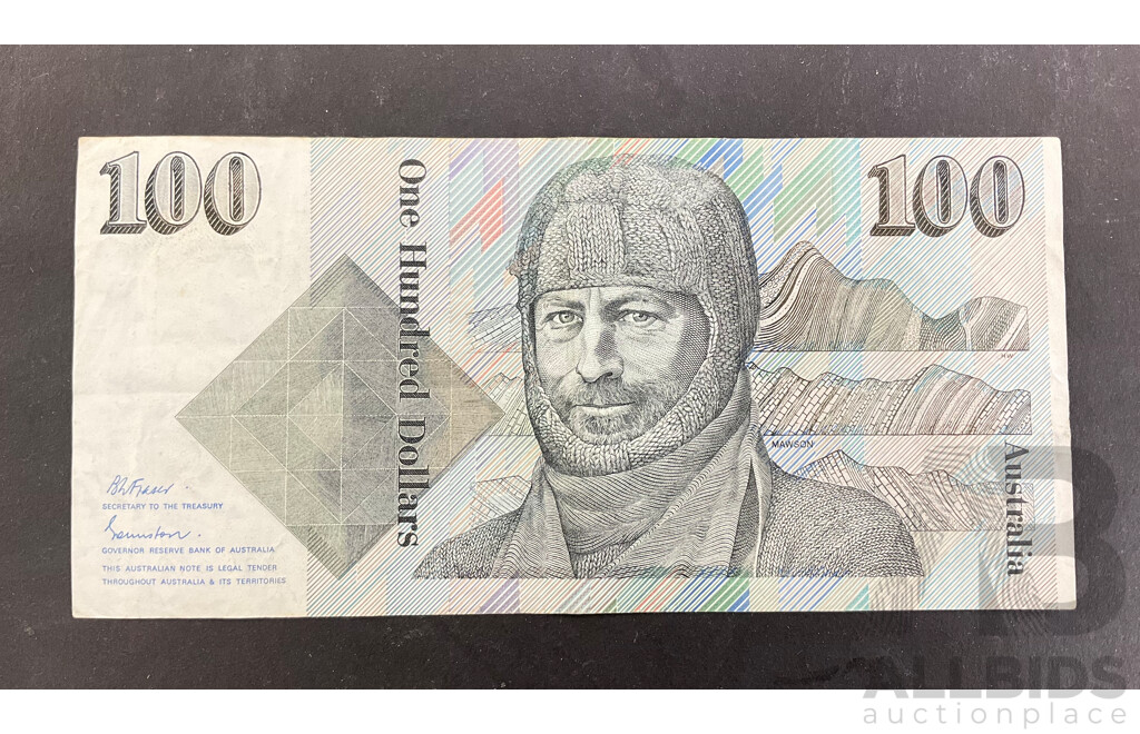 Australian 1985 One Hundred Dollar Note, Johnston/Fraser, First Signature Prefix R609f, ZBC 119961