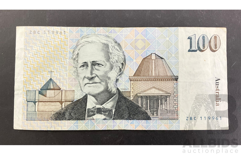 Australian 1985 One Hundred Dollar Note, Johnston/Fraser, First Signature Prefix R609f, ZBC 119961