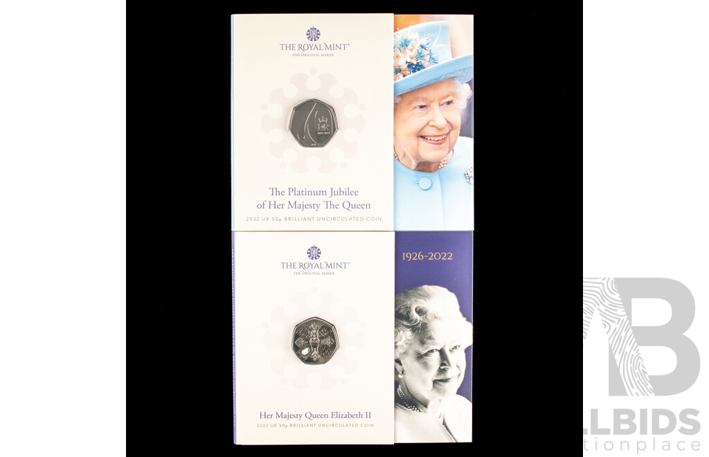 Two United Kingdom Royal Mint 2022 Brilliant UNC Fifty Pence Coins, Platinum Jubilee of Her Majesty the Queen and Her Majesty Queen Elizabeth II