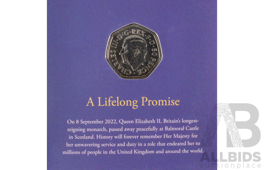 Two United Kingdom Royal Mint 2022 Brilliant UNC Fifty Pence Coins, Platinum Jubilee of Her Majesty the Queen and Her Majesty Queen Elizabeth II