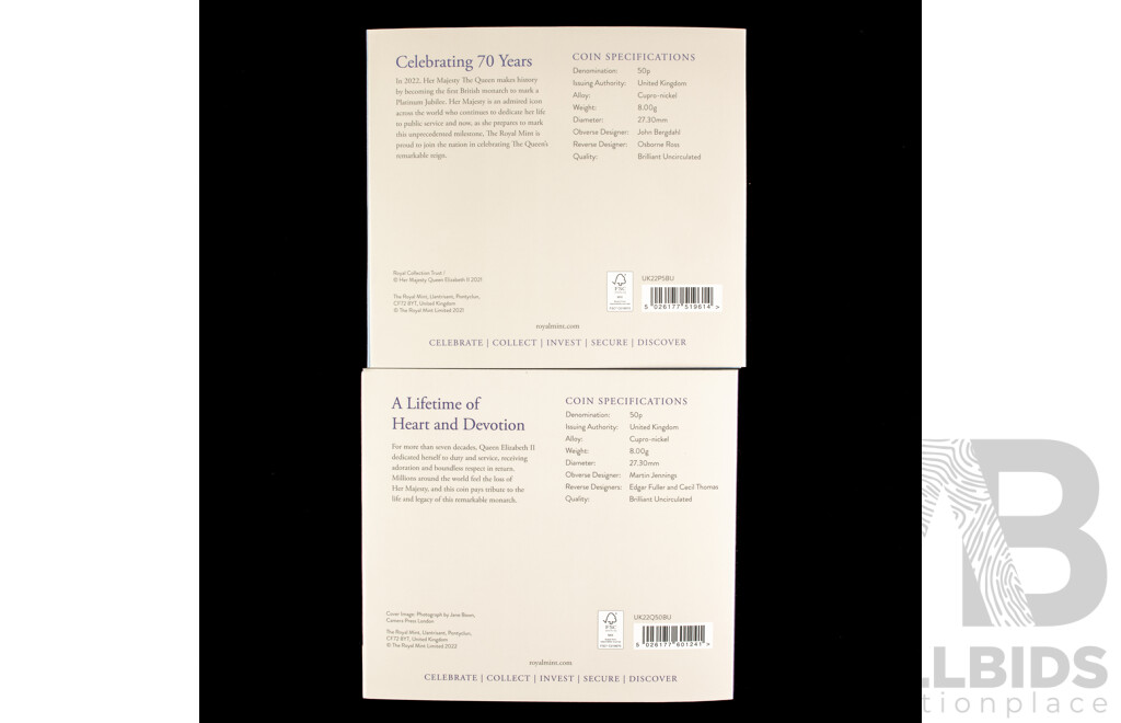 Two United Kingdom Royal Mint 2022 Brilliant UNC Fifty Pence Coins, Platinum Jubilee of Her Majesty the Queen and Her Majesty Queen Elizabeth II