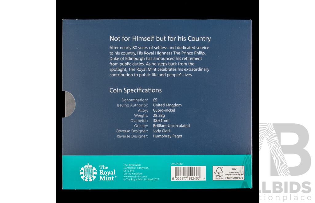 United Kingdom Royal Mint 2017 Brilliant UNC Five Pound Coin, Prince Phillip