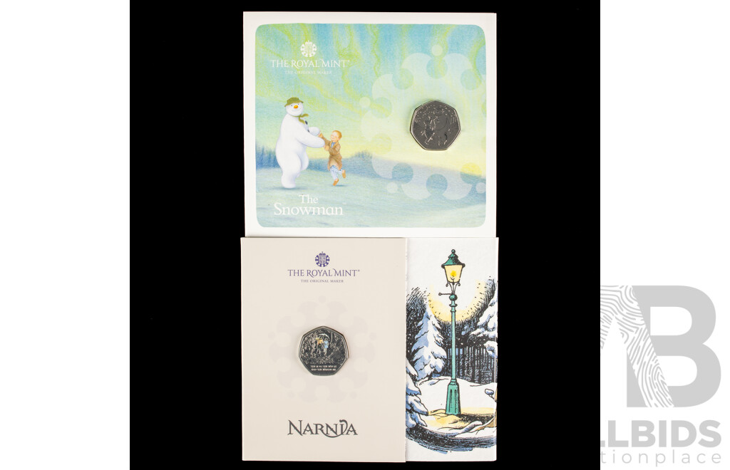 Two United Kingdom Royal Mint 2023 Brilliant UNC Fifty Pence Coins, 6 The Snowman and Narnia