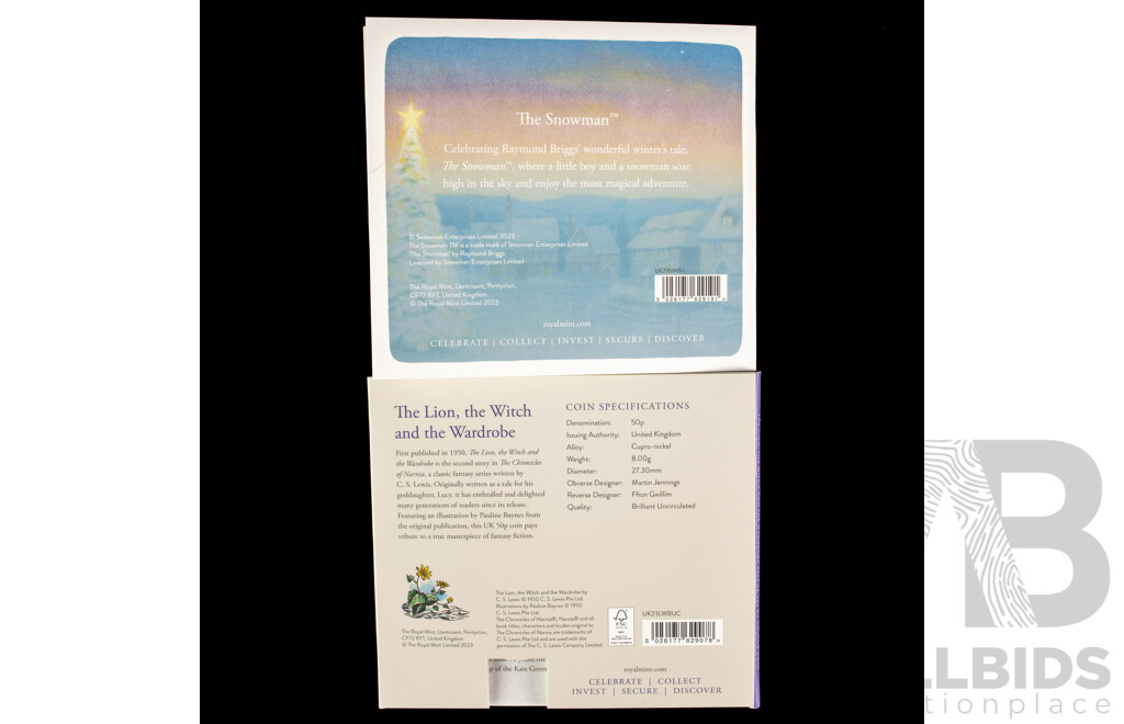 Two United Kingdom Royal Mint 2023 Brilliant UNC Fifty Pence Coins, 6 The Snowman and Narnia