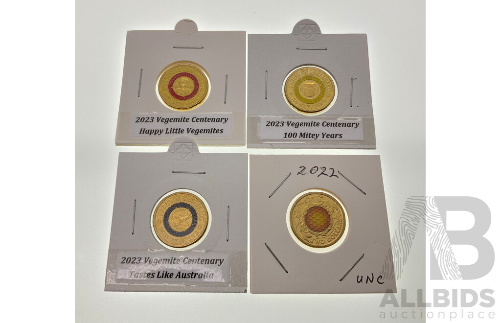 Three Australian 2023 Two Dollar Coins, Vegemite Centenary and 2022 Honey Bee