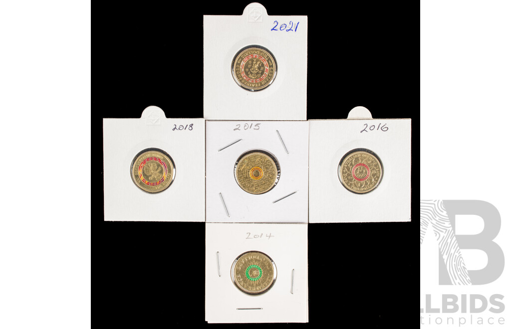 Five Australian Commemorative Two Dollar Coins Including 2014 Remembrance, 2015 Remembrance, 2016 Olympic, 2018 Commonwealth Games, 2021 Captain Feather Sword