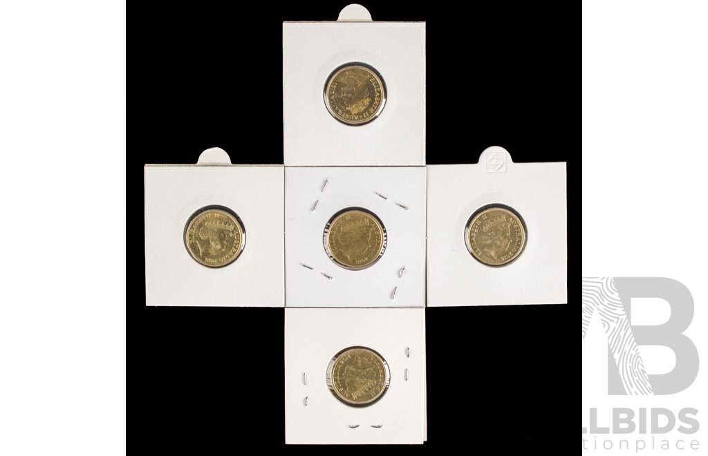 Five Australian Commemorative Two Dollar Coins Including 2014 Remembrance, 2015 Remembrance, 2016 Olympic, 2018 Commonwealth Games, 2021 Captain Feather Sword