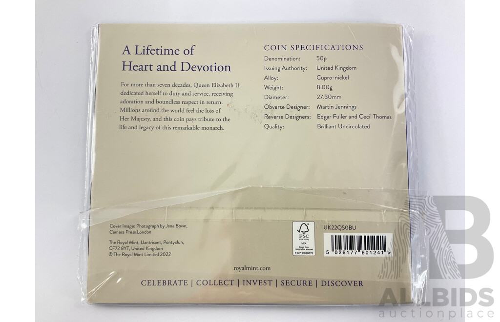 United Kingdom Royal Mint 2022 Brilliant Fifty Pence Coin, QE2 1926-2022