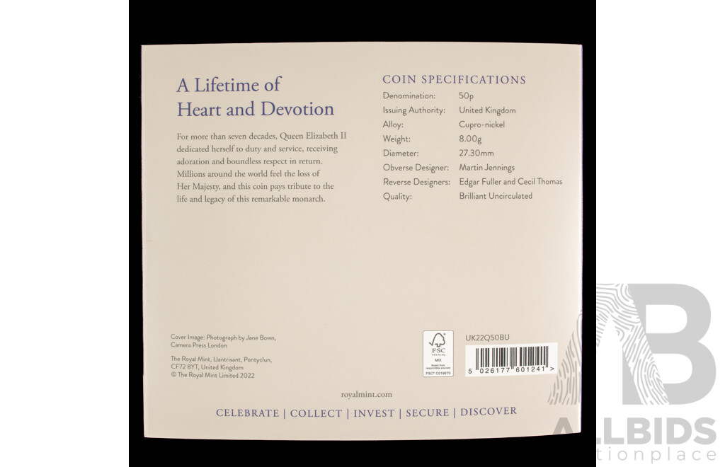 United Kingdom Royal Mint 2022 Brilliant Fifty Pence Coin, QE2 1926-2022
