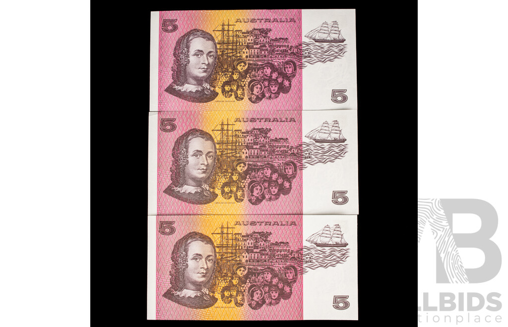 Three Australian 1985 Five Dollar Banknotes Johnston/Fraser QCB, QDE, QAV