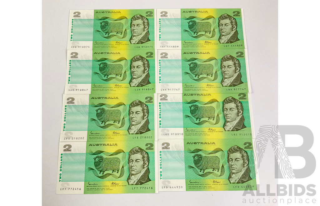 Eight Australian 1985 Two Dollar Banknotes Johnston/Fraser