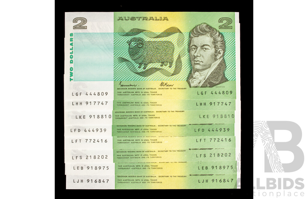Eight Australian 1985 Two Dollar Banknotes Johnston/Fraser