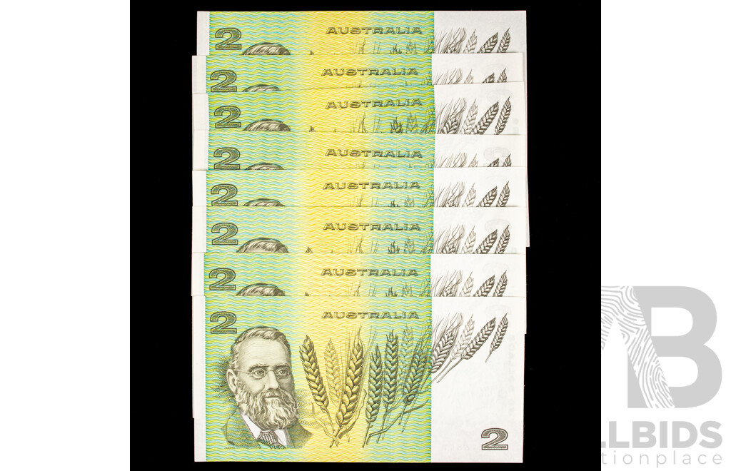 Eight Australian 1985 Two Dollar Banknotes Johnston/Fraser