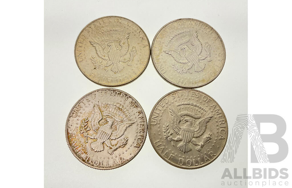 Four USA 1968 Silver Kennedy Half Dollars, Denver Mint .400