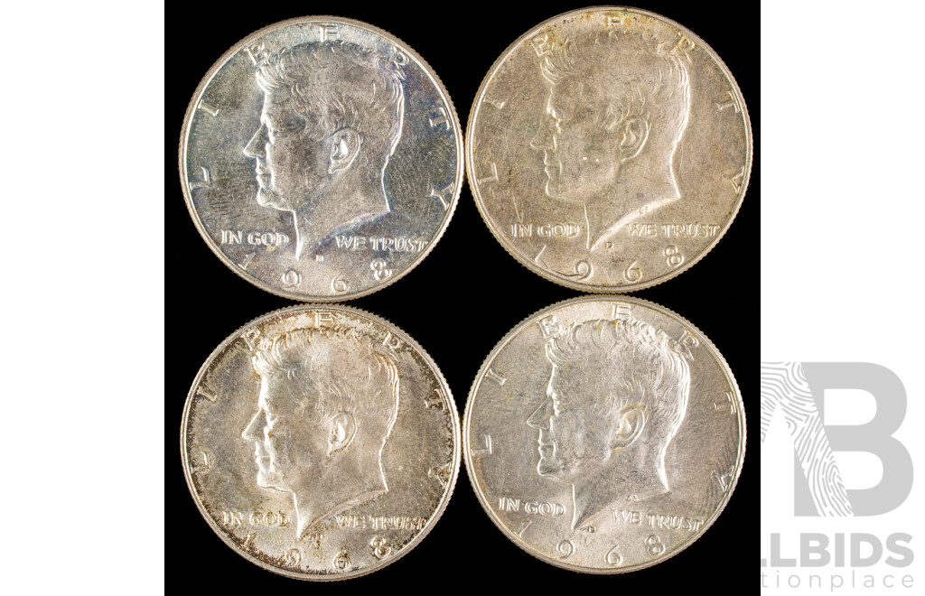 Four USA 1968 Silver Kennedy Half Dollars, Denver Mint .400