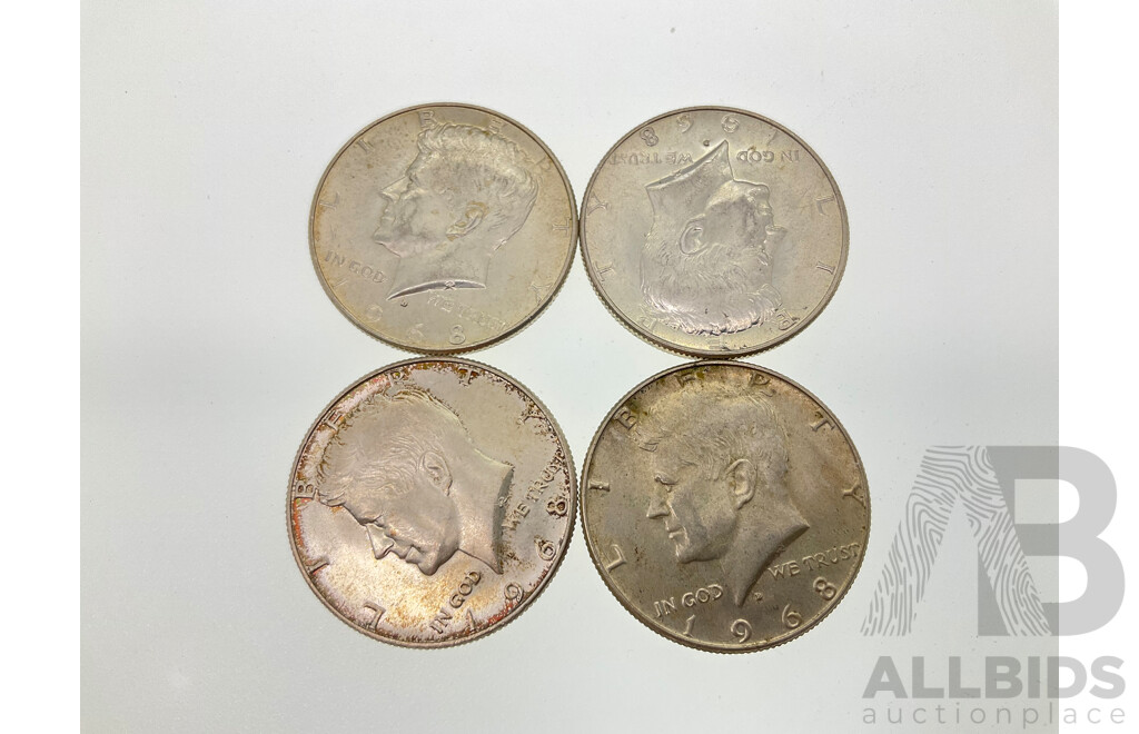 Four USA 1968 Silver Kennedy Half Dollars, Denver Mint .400