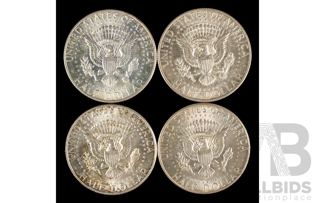 Four USA 1968 Silver Kennedy Half Dollars, Denver Mint .400