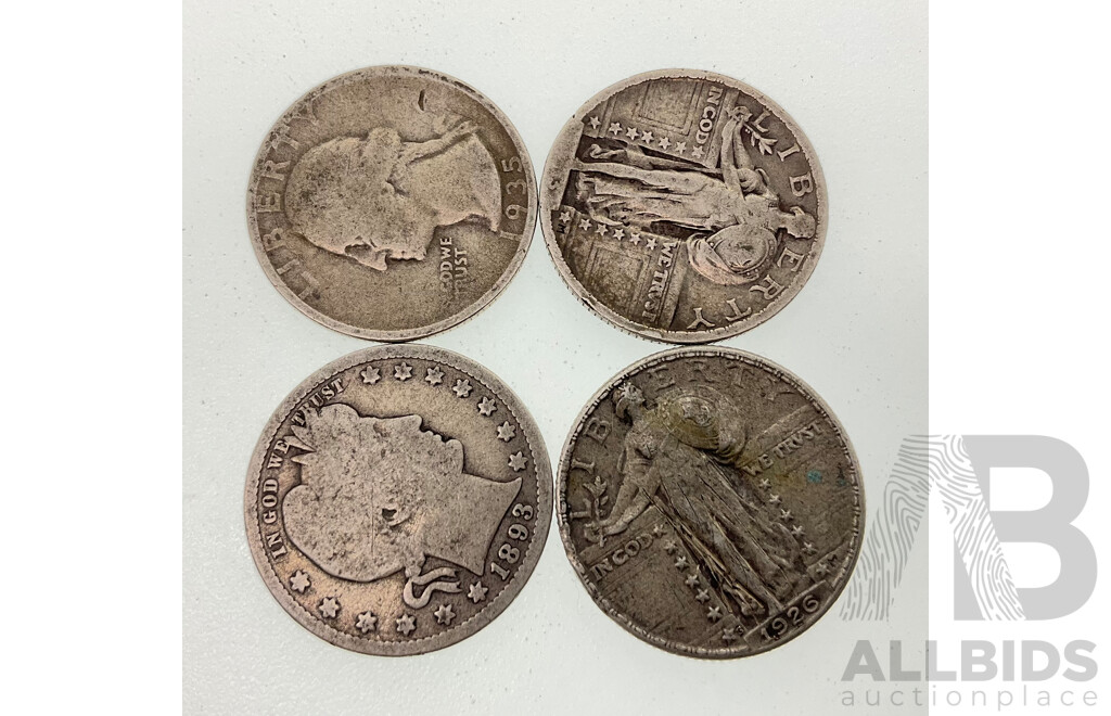 Four USA Silver Quarter Dollars Including 1893, 1926, 1923, 1935  .900