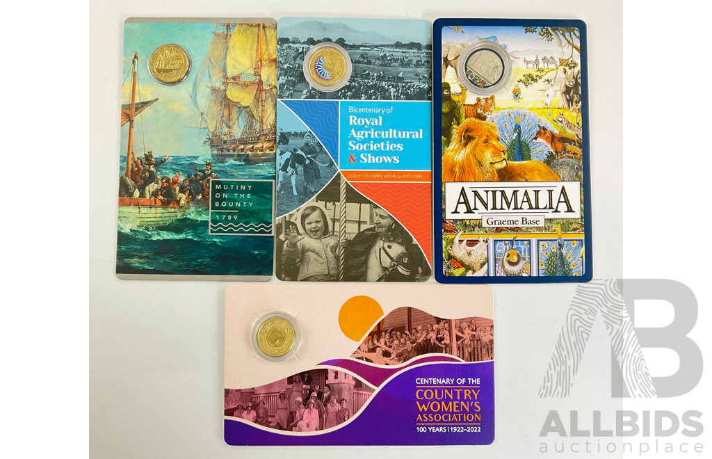 Australian Commemorative Coins Including One Dollars 2019 Mutiny on the Bounty, 2022 CWA, 2022 Royal Agricultural Shows, 2021 Twenty Cent, Animalia
