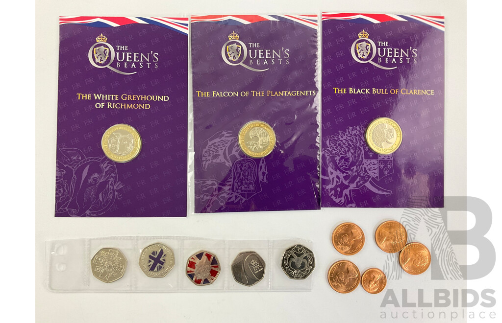 Collection of United Kingdom Coins Including The Queens Beasts, Commemorative/Coloured Fifty Pence, 1971 UNC One and Two Pence