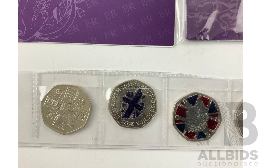 Collection of United Kingdom Coins Including The Queens Beasts, Commemorative/Coloured Fifty Pence, 1971 UNC One and Two Pence