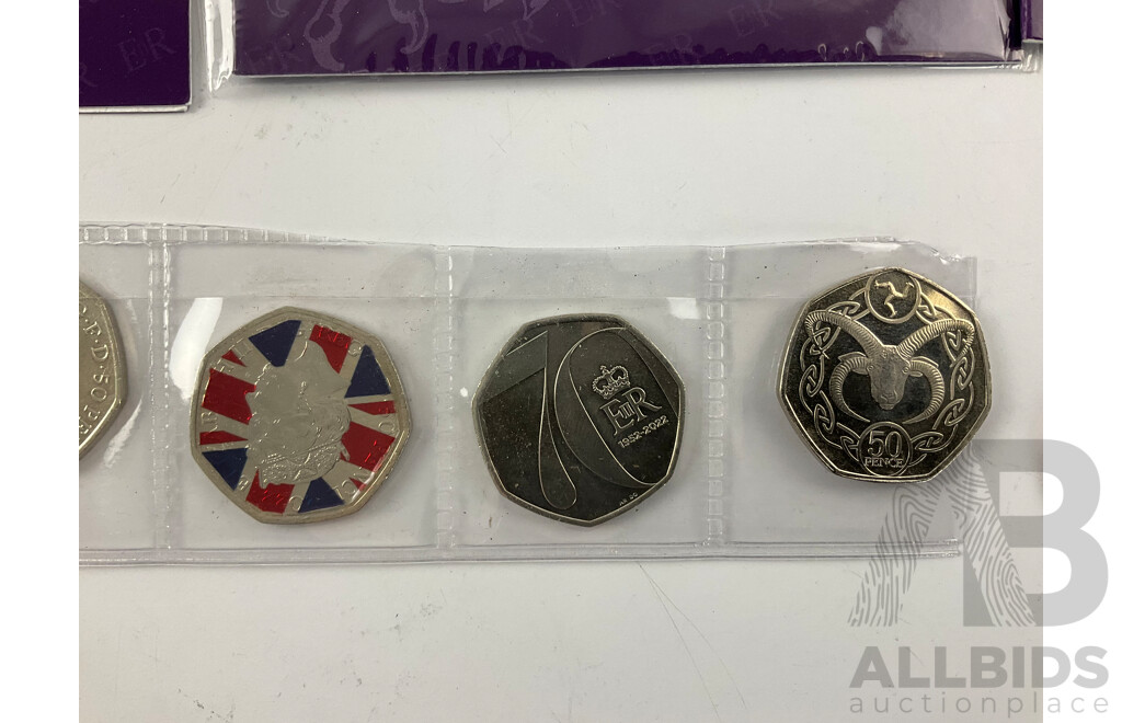 Collection of United Kingdom Coins Including The Queens Beasts, Commemorative/Coloured Fifty Pence, 1971 UNC One and Two Pence