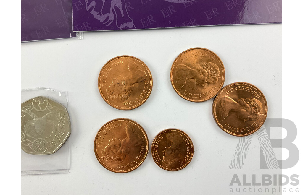 Collection of United Kingdom Coins Including The Queens Beasts, Commemorative/Coloured Fifty Pence, 1971 UNC One and Two Pence