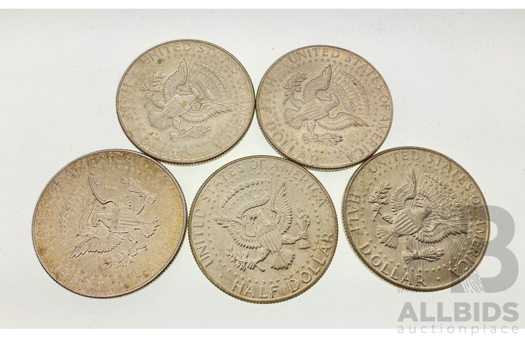 Five USA Silver Kennedy Half Dollars 1965, 1966, 1967, 1968, 1969 .400