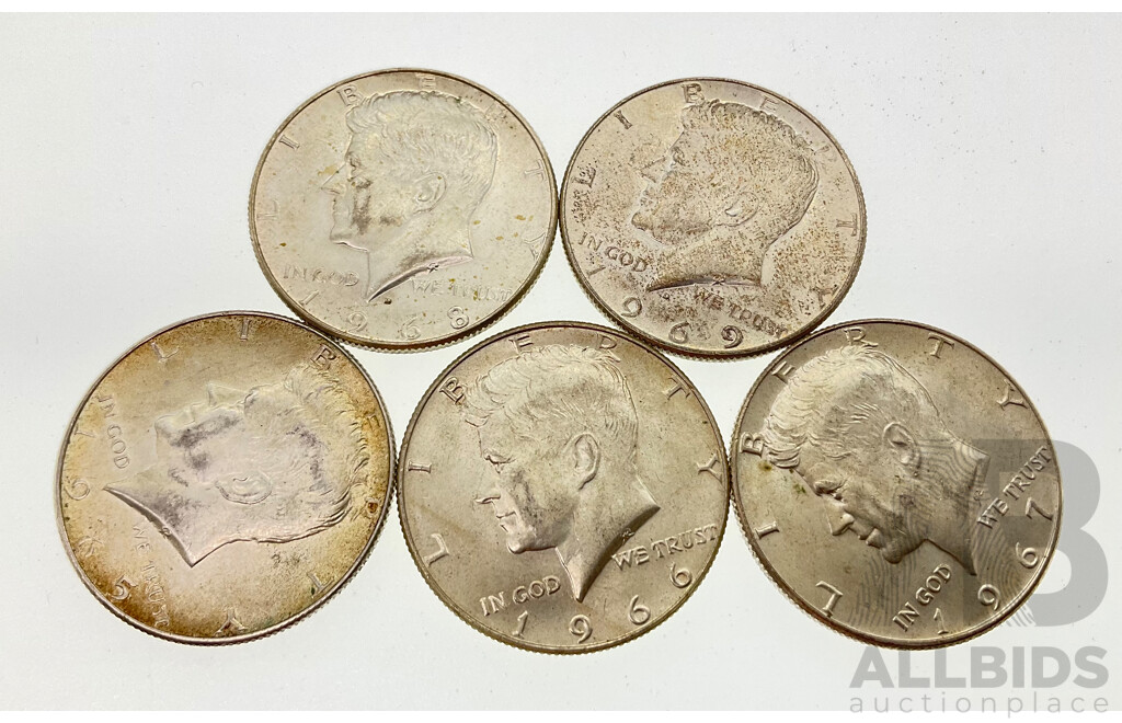 Five USA Silver Kennedy Half Dollars 1965, 1966, 1967, 1968, 1969 .400