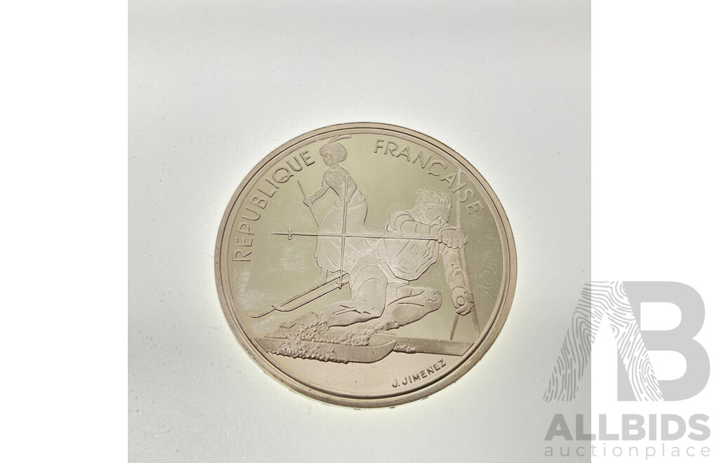 France 1992 Silver One Hundred Francs Coin, 1992 Olympics, Albertville Cross Country Skiing .900
