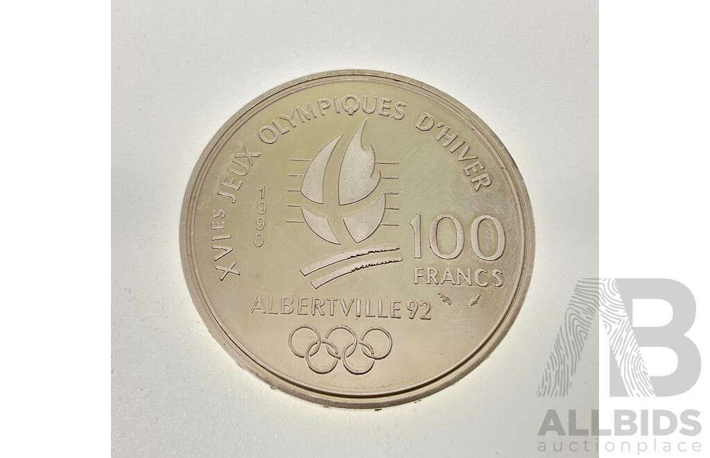 France 1990 Silver One Hundred Francs Coin, 1992 Olympics, Albertville Free Style Skiing .900