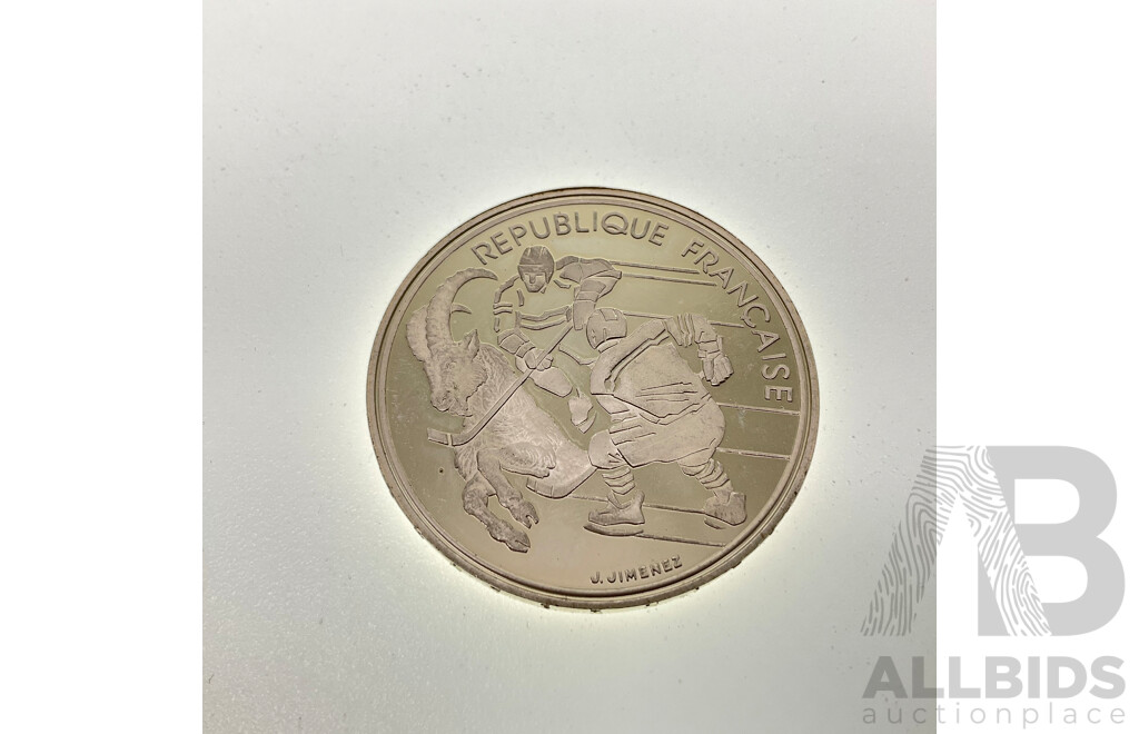 France 1991 Silver One Hundred Francs Coin, 1992 Olympics, Albertville Ice Hockey .900