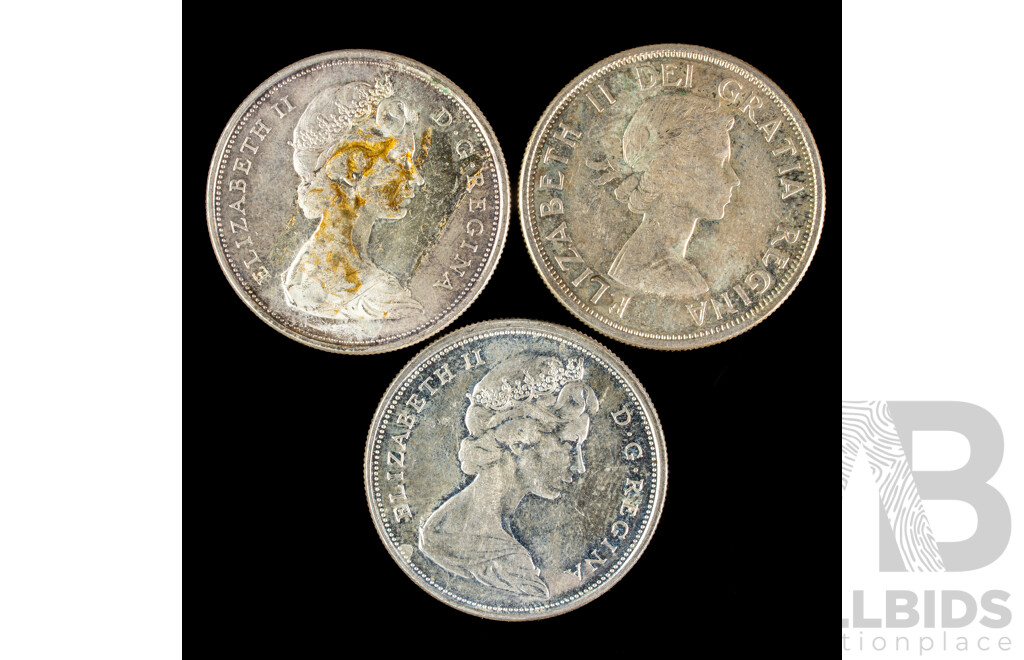 Three Canadian Silver QE2 Fifty Cent Coins, Years 1964, 1965, 1966  .800