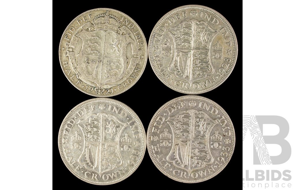 Four Great Britain KGV Silver Half Crowns, 1921, 1928, 1933, 1935  .500