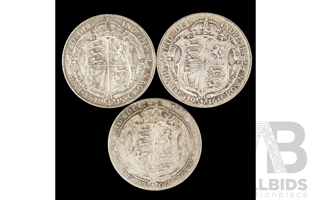 Three Great Britain KEVII/KGV Silver Half Crowns 1906, 1915, 1916  .925