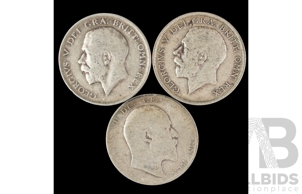 Three Great Britain KEVII/KGV Silver Half Crowns 1906, 1915, 1916  .925