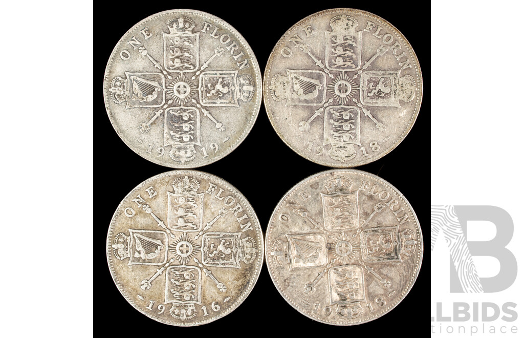 Four Great Britain KGV Silver Florins 1916, 1918(2) 1919 .925