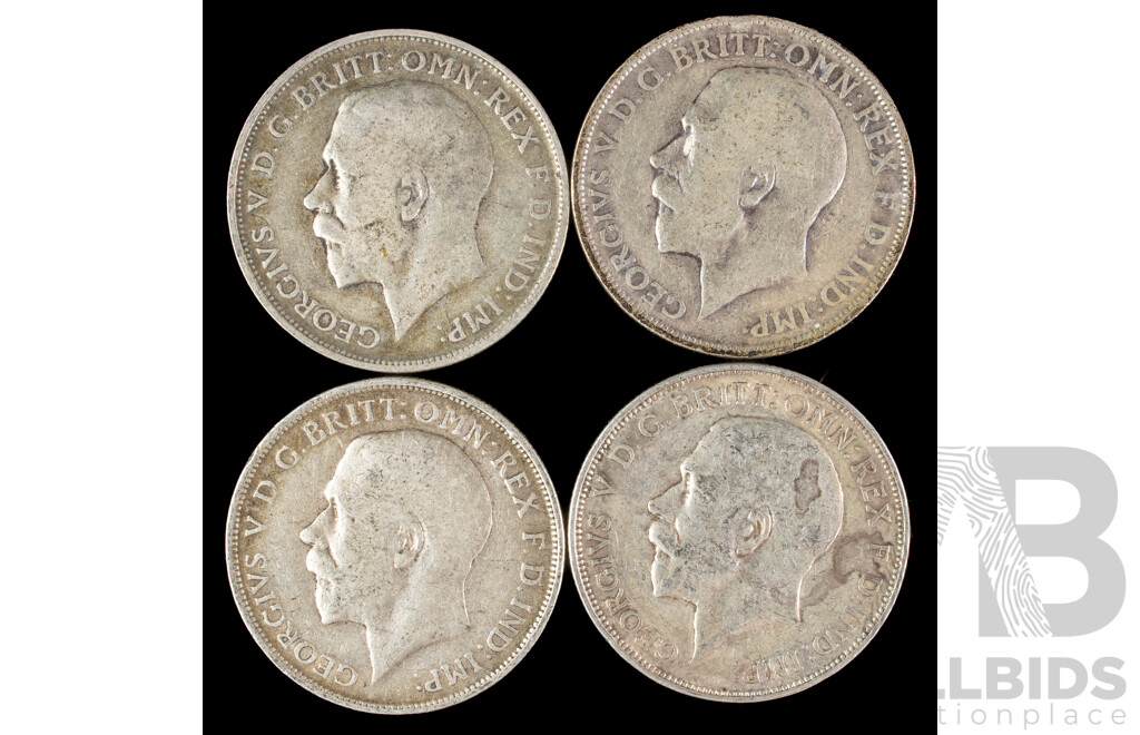 Four Great Britain KGV Silver Florins 1916, 1918(2) 1919 .925